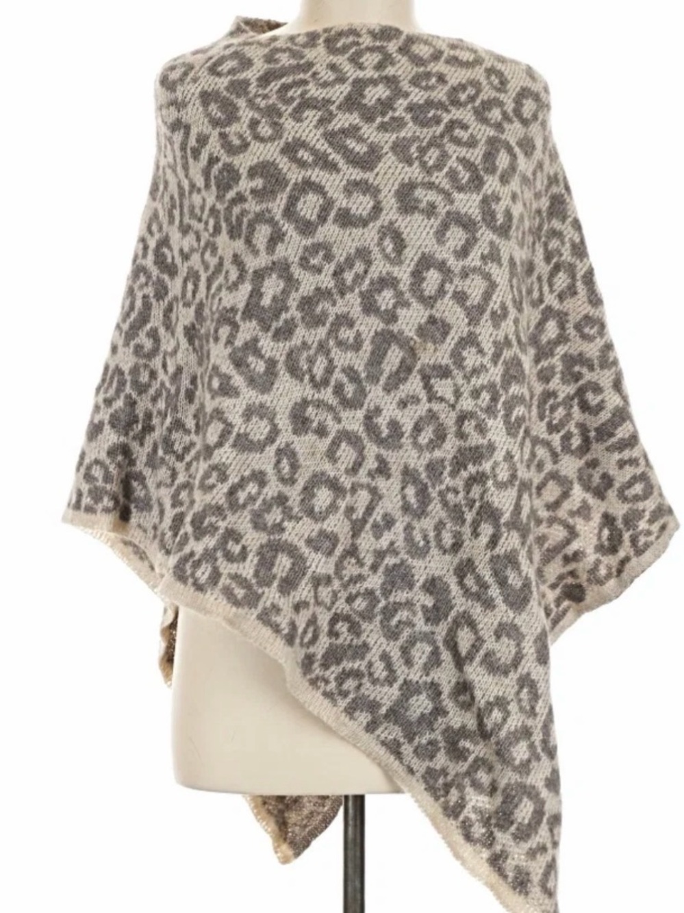 Leopard-Print Knit Poncho Sweater - Gray & Cream Italian
